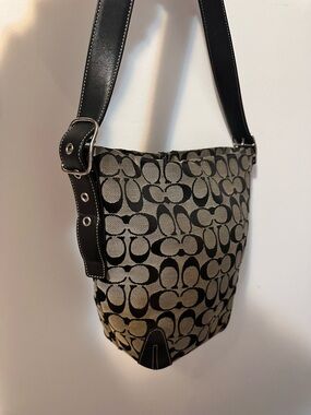 Coach Black and Tan Signature Jacquard Shoulder Bucket Bag